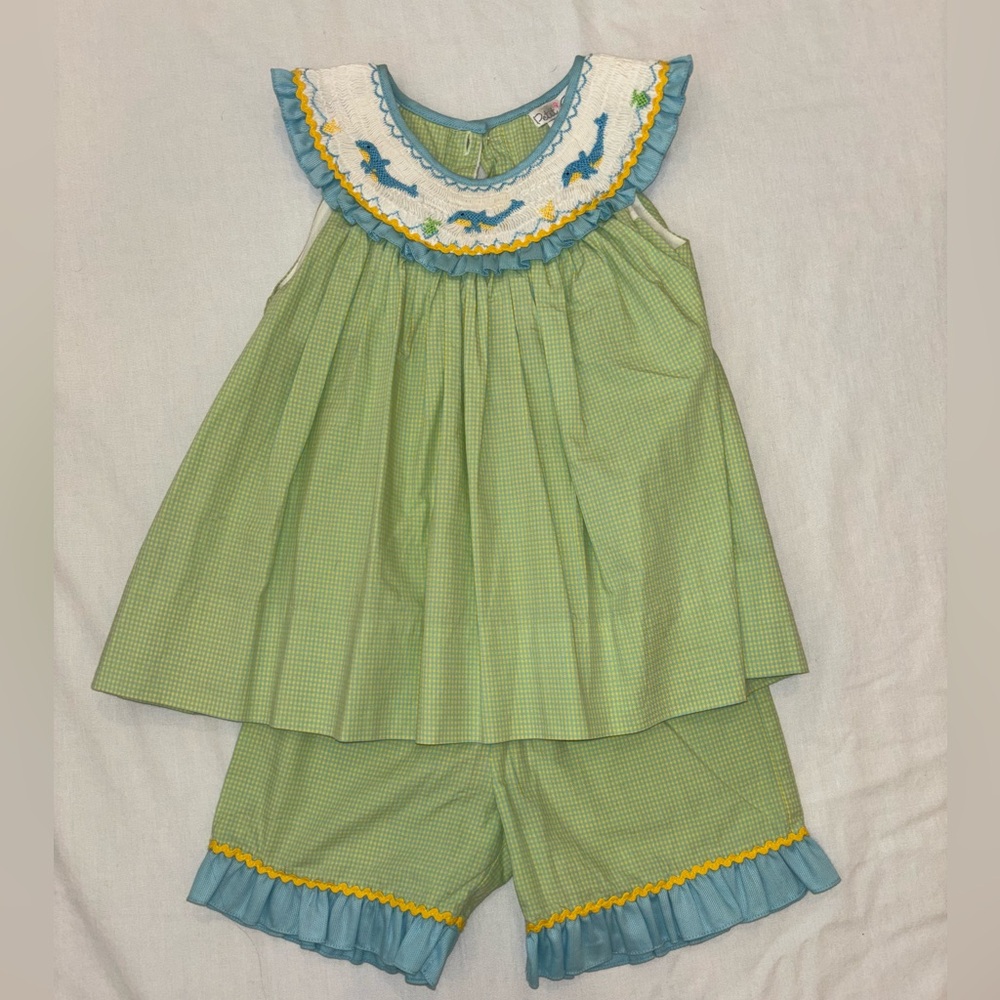 Smocked dolphin toddler short set